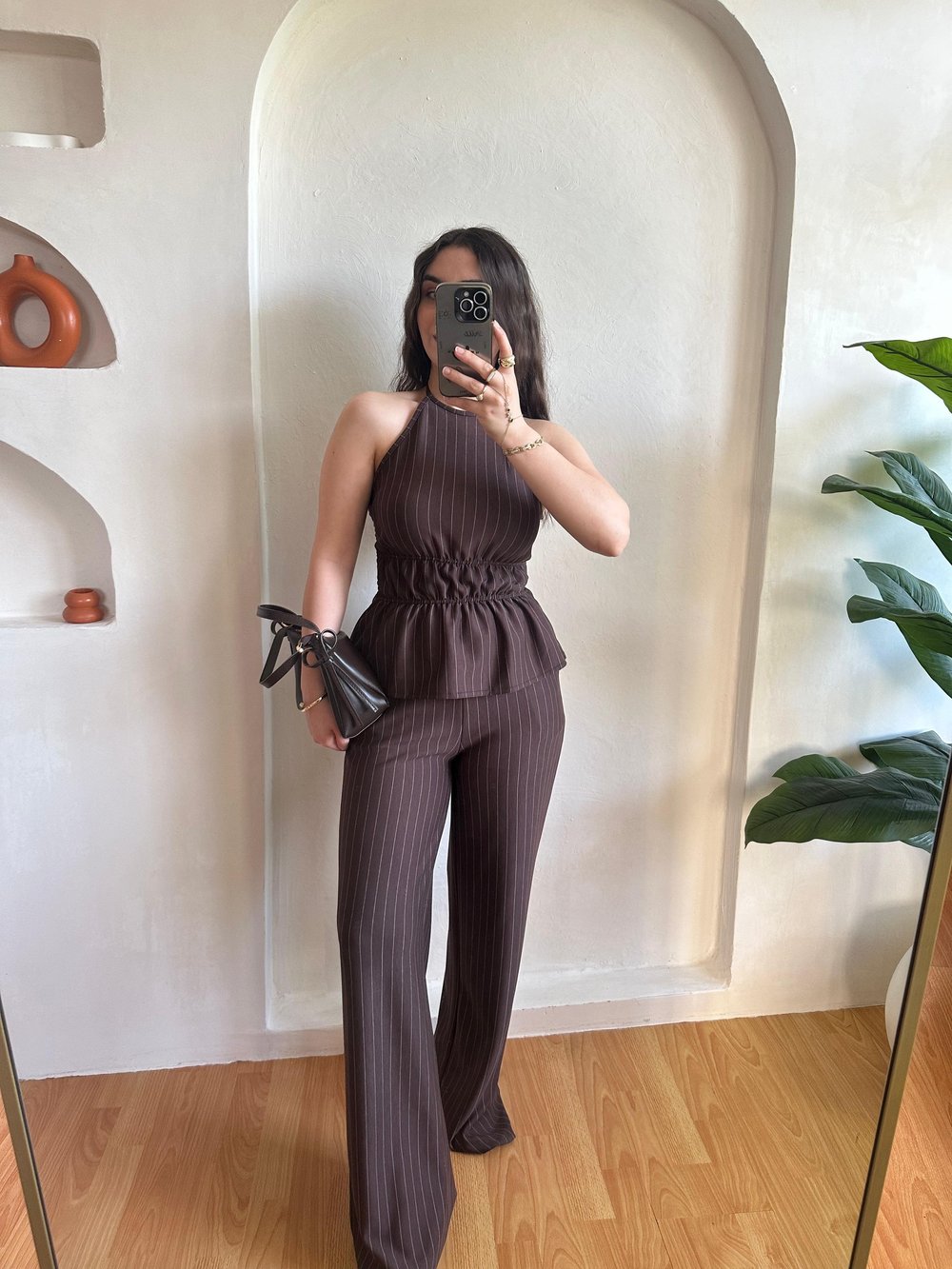 Çizgili Halter Yaka Bağlamalı Takım