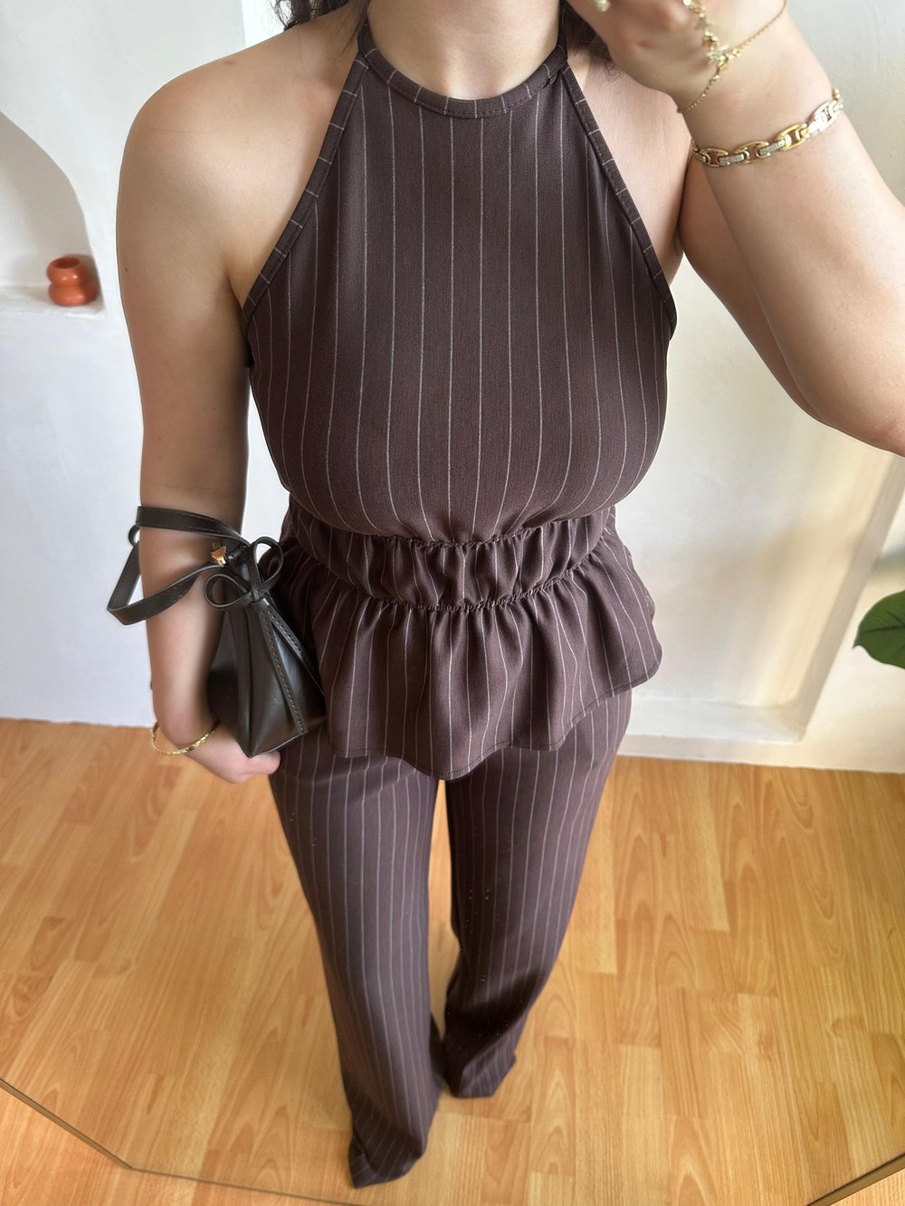 Çizgili Halter Yaka Bağlamalı Takım