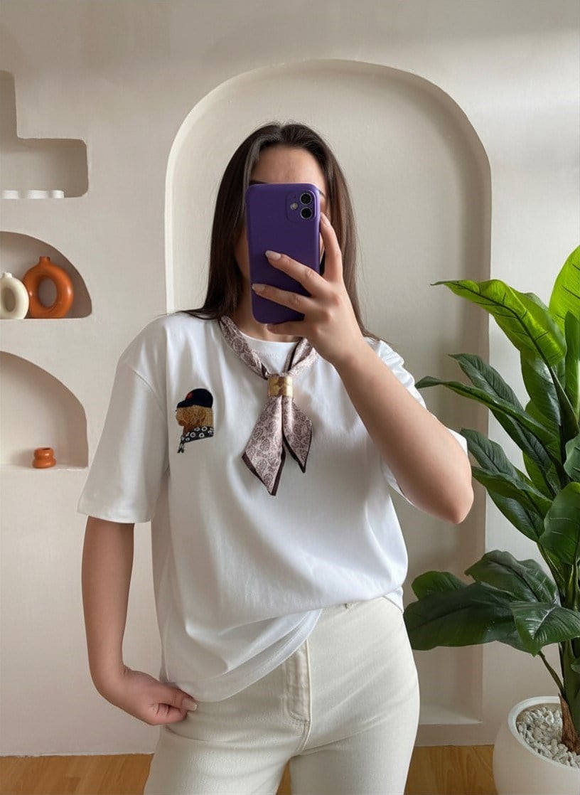 Ekru Şal Detay Pamuklu T-shirt
