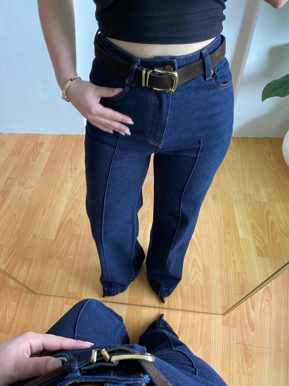 LACİ NERVÜRLÜ SÜET KEMERLİ WİDE LEG JEAN