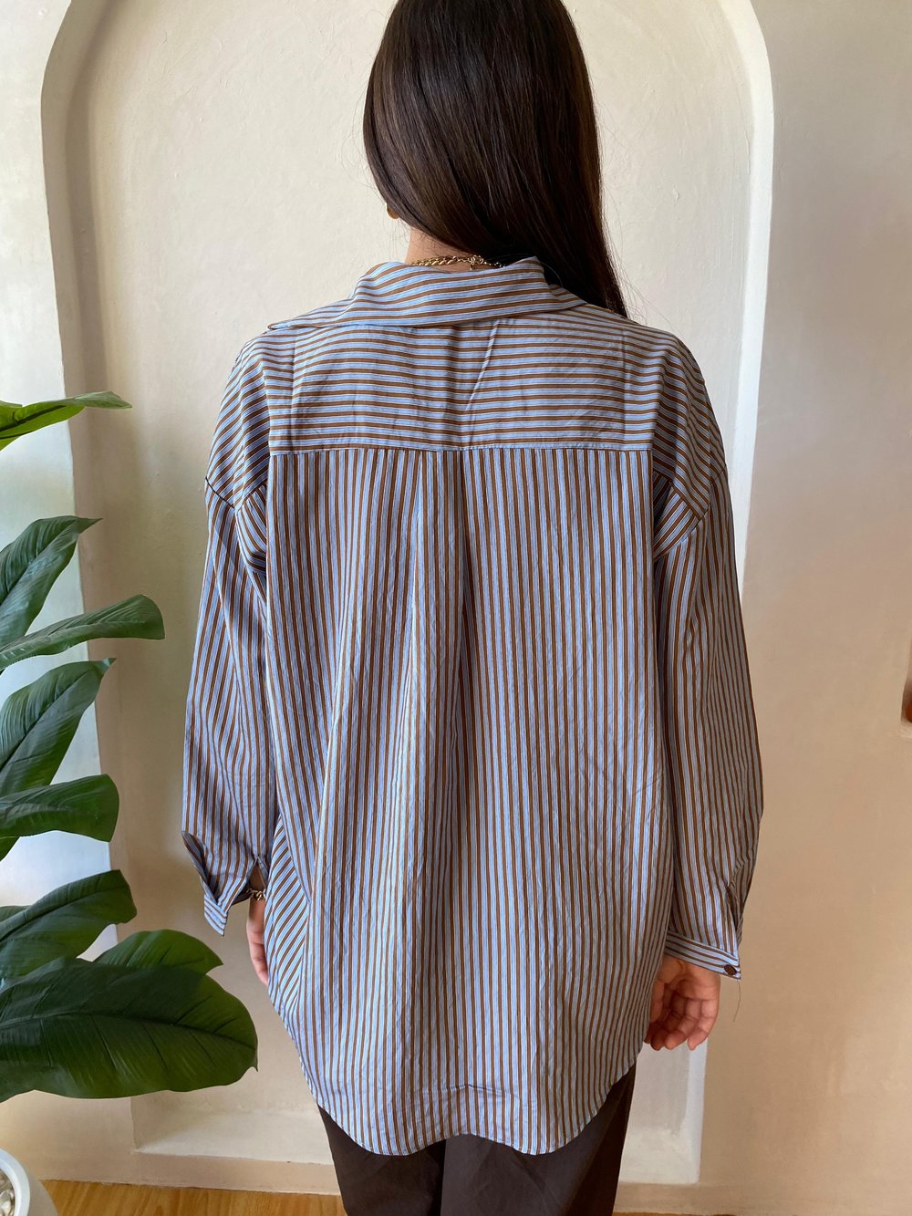 Oversize Mavi Kahve Çizgili Gömlek