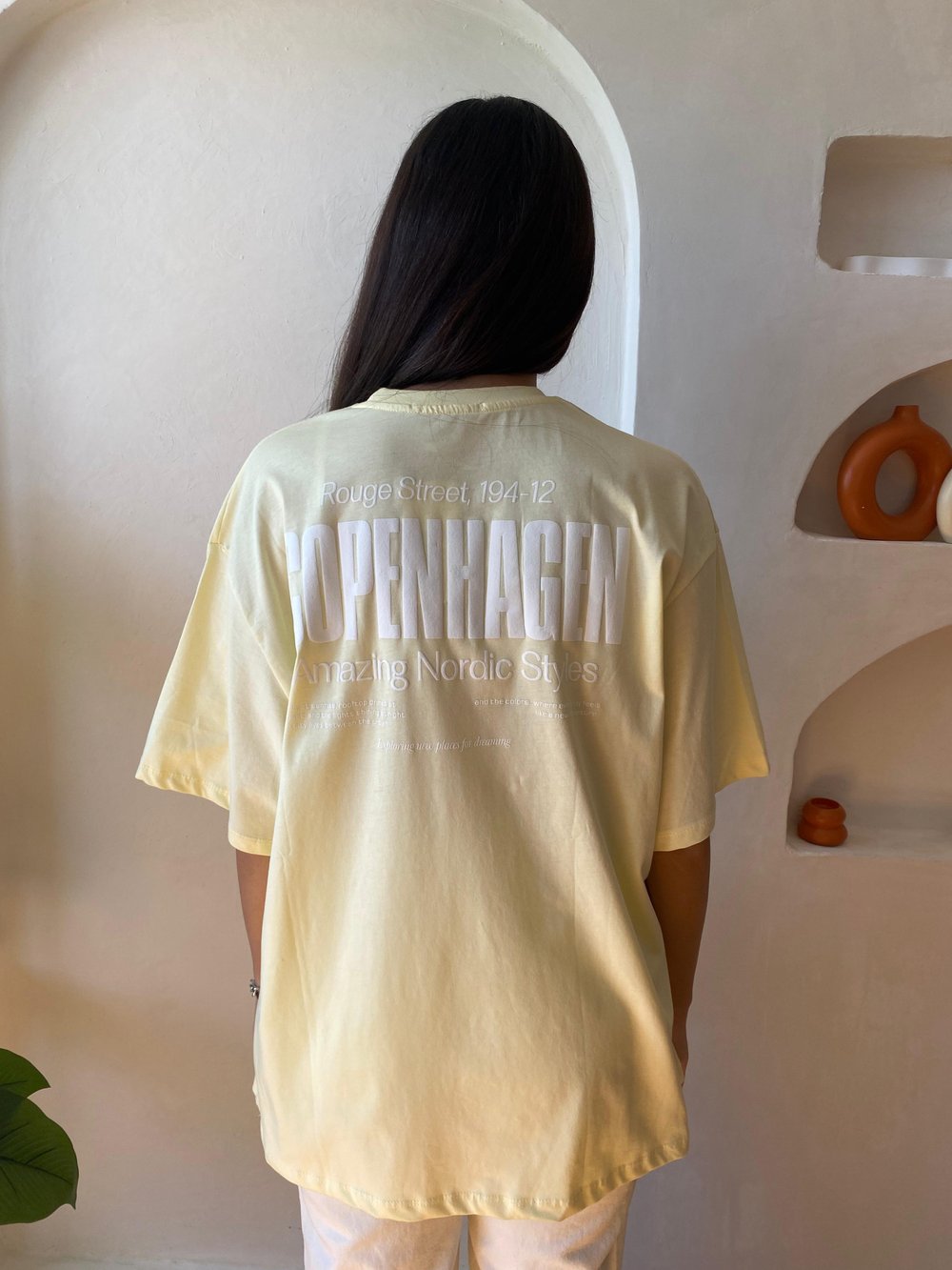 Sarı Oversize Arkası Baskılı Pamuklu T-shirt