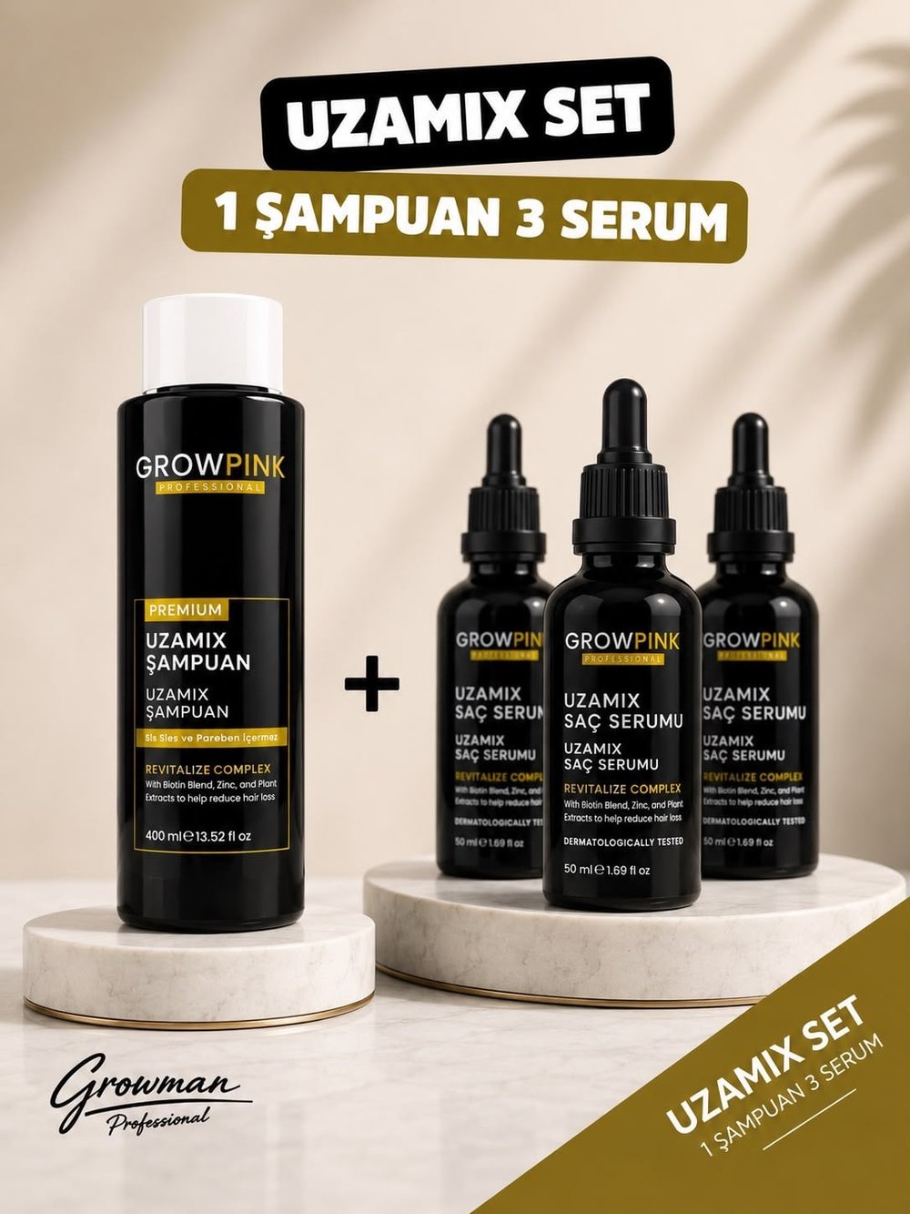 GROWPİNK Hızlı Saç Uzatıcı Uzamix Şampuan ve 3'lü Serum Seti - Dökülme Karşıtı Güçlendirici