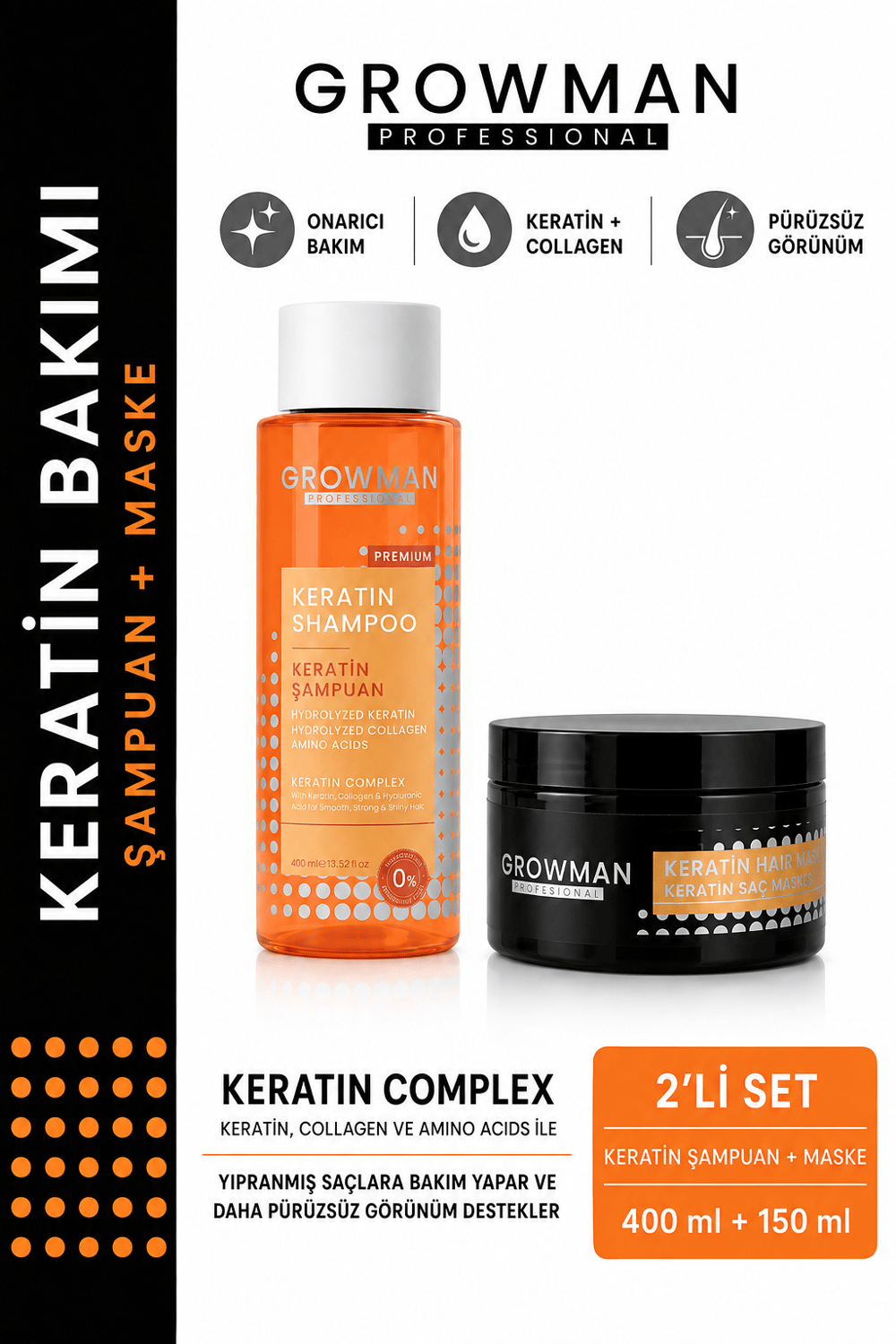 Profesyonel Keratin Saç Seti – Şampuan & Düzleştirici Maske ile Düz ve Canlı Saçlar