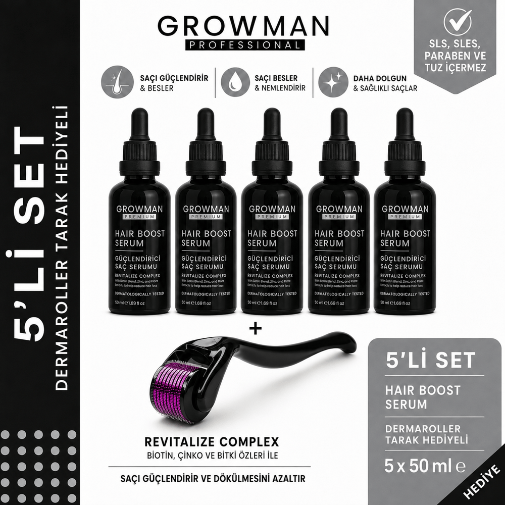 Serum 50 ML x5 + Dermaroller Tarak Hediyeli Set – 150 Günlük Yoğun Bakım