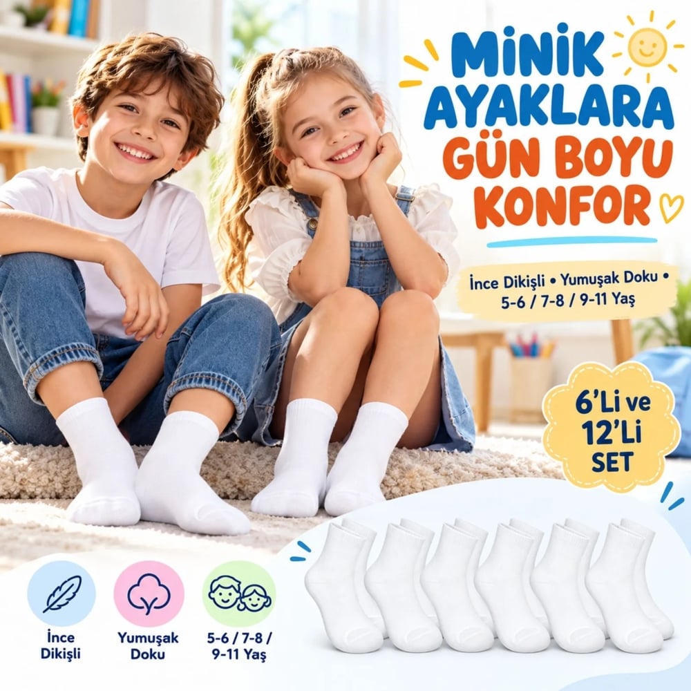 Çocuk Beyaz Çorap 6lı Set İnce Dikişli Yumuşak Nefes Alabilen Okul Günlük Rahat Çorap 5-11 Yaş Seti
