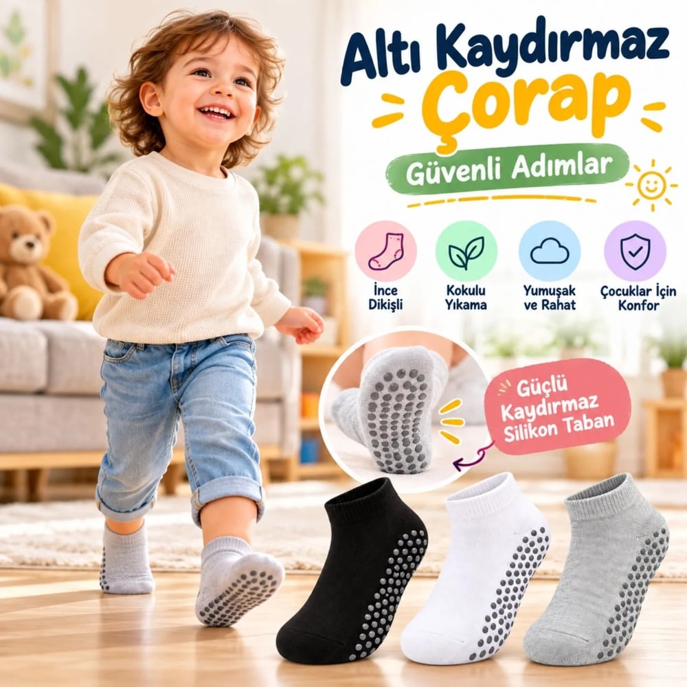 Çocuk Kaydırmaz Tabanlı Patik Çorap 6lı Set Siyah Beyaz Gri Yumuşak Esnek Kokulu Günlük Çorap Rahat