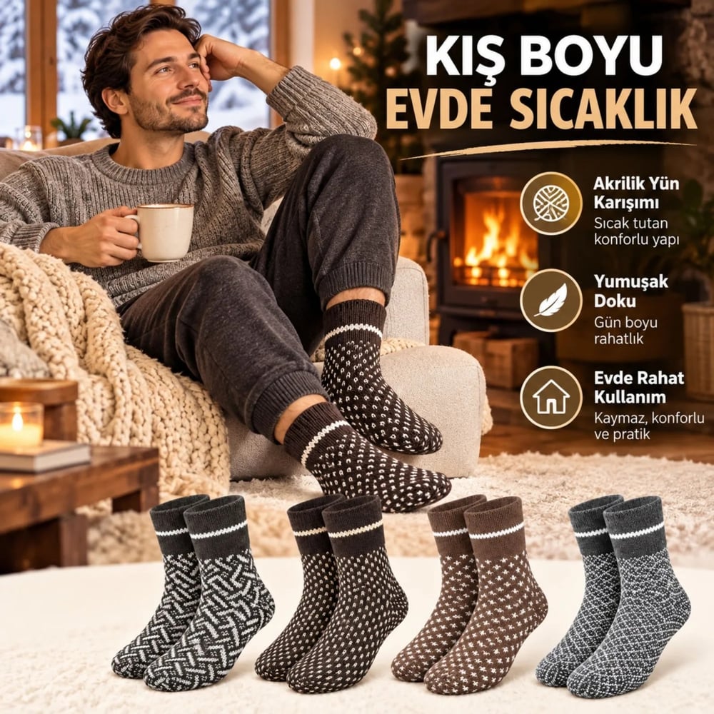Erkek Kışlık Desenli Çorap 8li Seti Sıcak Tutan Yumuşak Rahat Günlük Renkli Kısa Konç Çorap Paketi