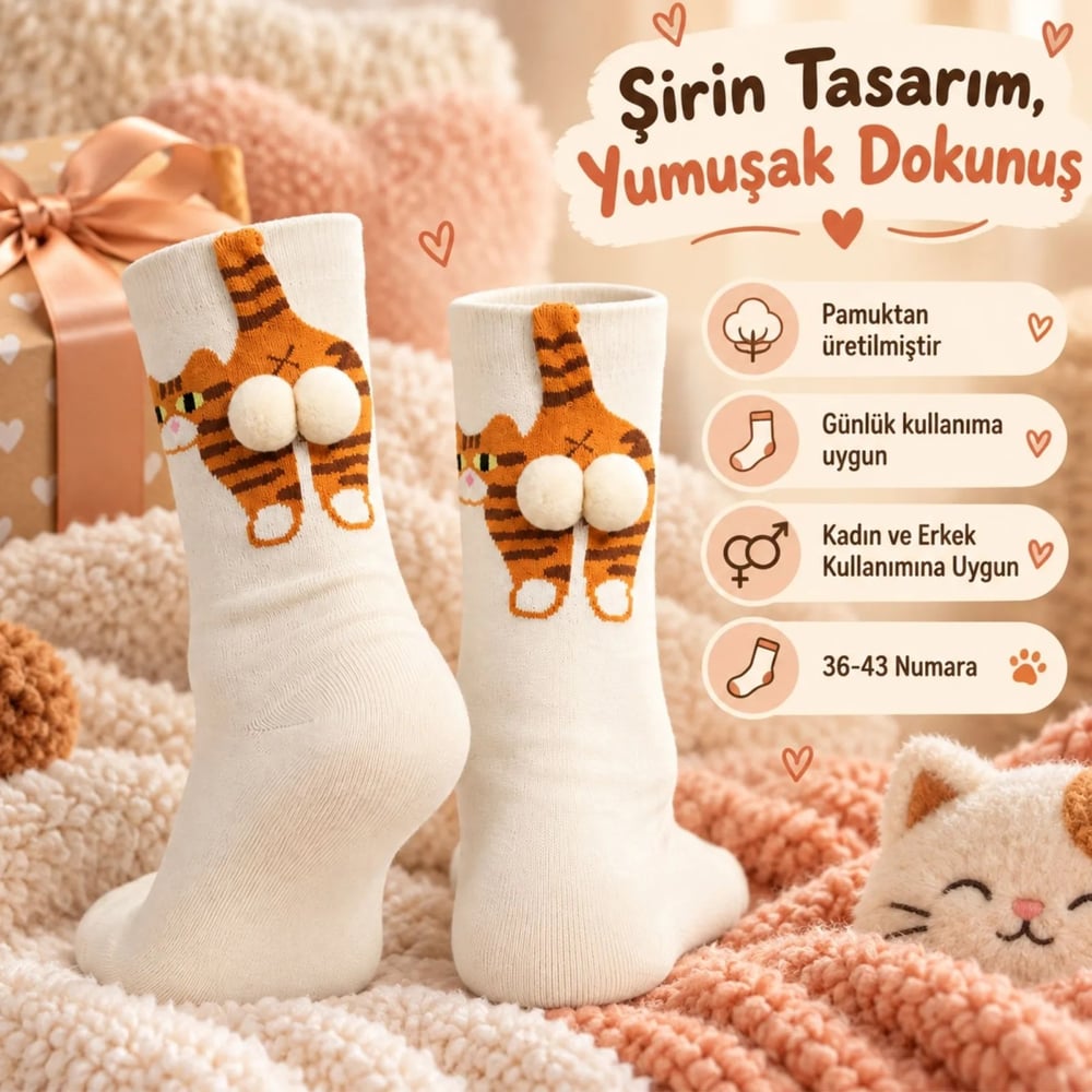 Kadın 3lü Krem Turuncu Kedi Desenli Ponponlu Soket Çorap Seti | Kedi Figürlü Eğlenceli Çorap Modeli