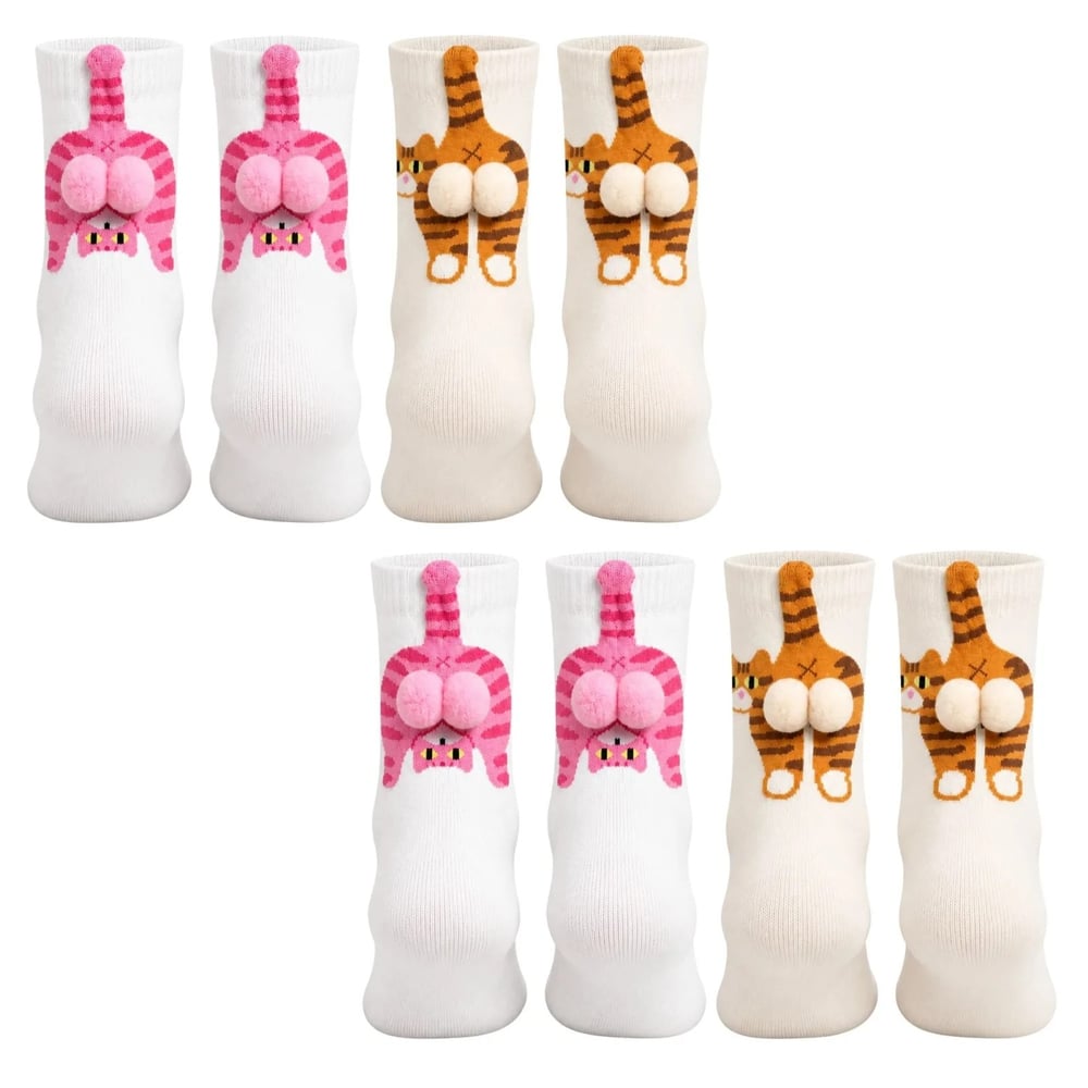 Kadın 4lü Kedi Desenli 3D Ponponlu Soket Çorap Seti | Pembe Turuncu Tekir Kedi Figürlü Neşeli Çorap