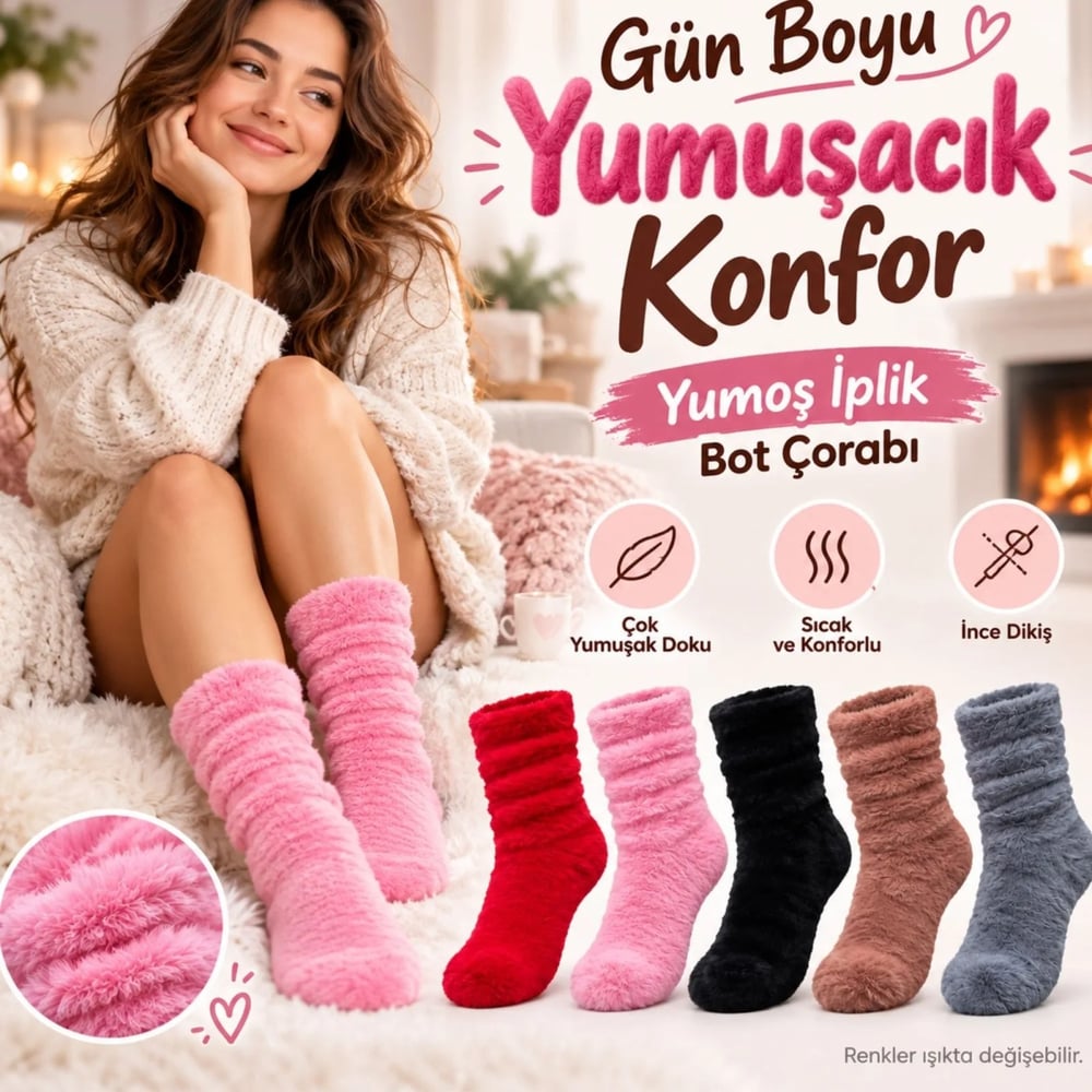 Kadın 5li Peluş Ev Çorabı Seti | Yumuşacık Tüylü Kışlık Soket Çorap Kırmızı Pembe Siyah Kahve & Gri