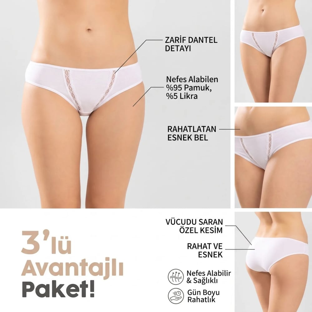 Kadın Pamuklu Zikzak İşlemeli Bikini Kesim Külot 3lü Paket | Siyah Beyaz Dantel Detaylı İç Çamaşırı