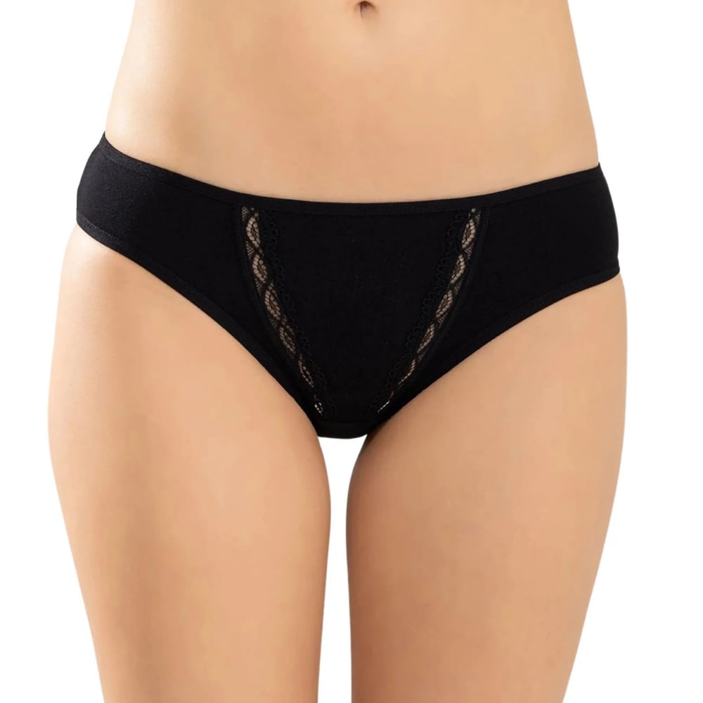 Kadın Pamuklu Zikzak İşlemeli Bikini Kesim Külot Siyah, Beyaz | Dantel Detaylı Rahat Günlük İç Giyim