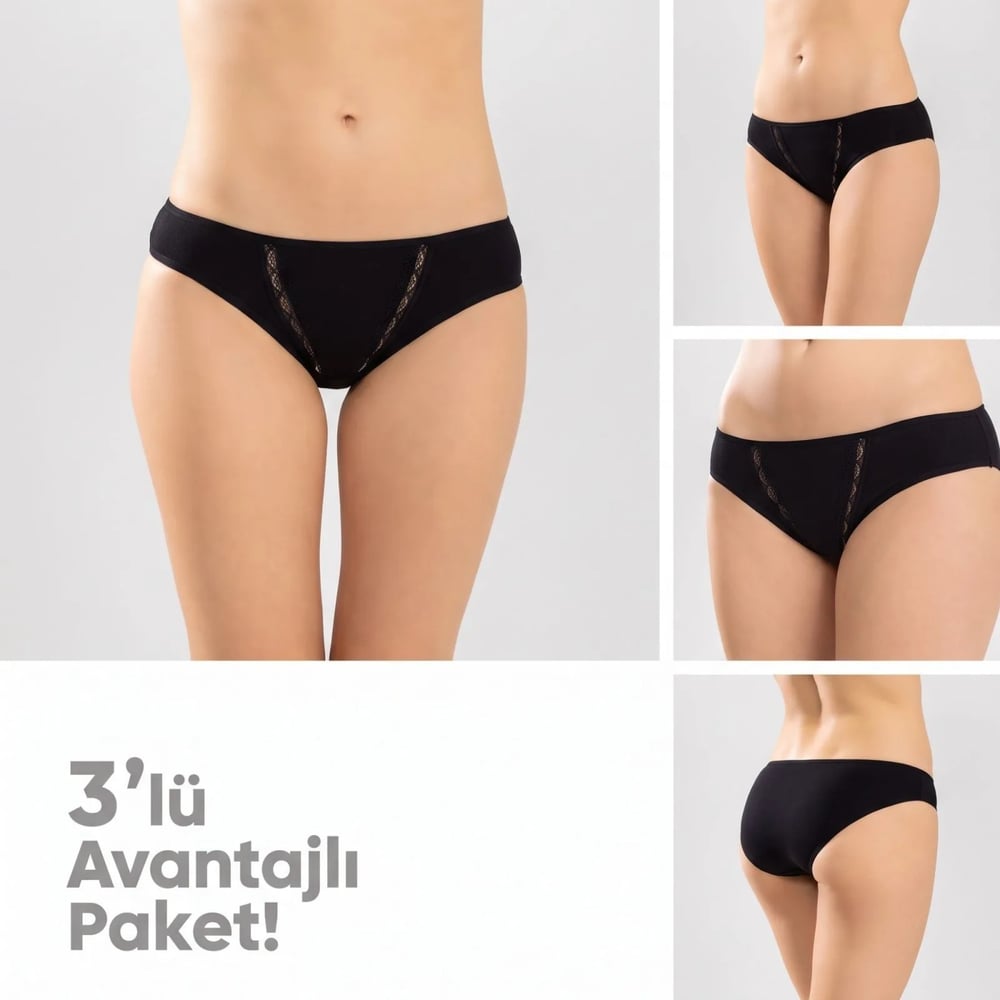 Kadın Pamuklu Zikzak İşlemeli Bikini Kesim Külot 3lü Paket | Siyah Beyaz Dantel Detaylı İç Çamaşırı