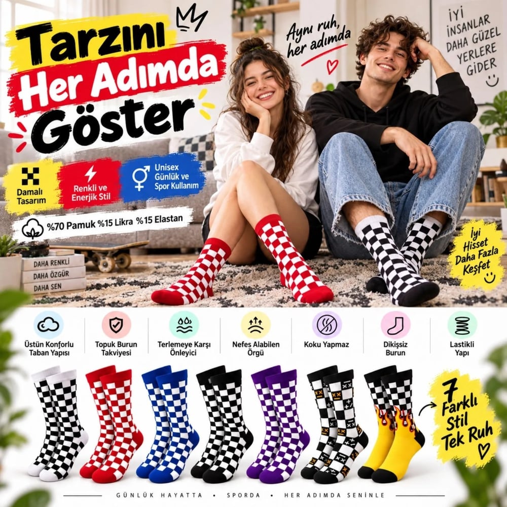 UNİSEX Çorap Dama Desenli Renkli 14lü Set Kareli Alev Desenli Uzun Soket Günlük Spor Çorabı
