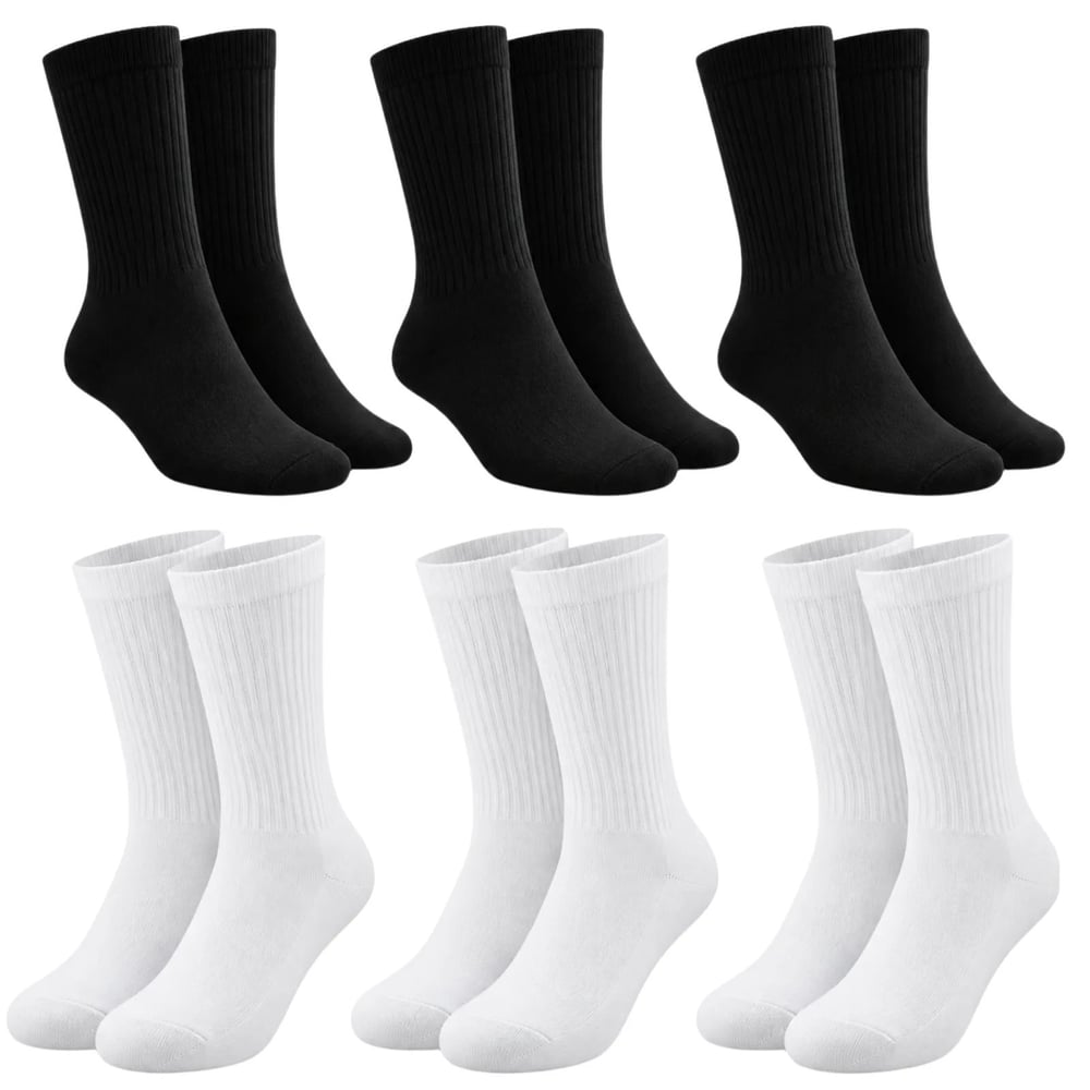 Unisex Basic Siyah Beyaz Soket Çorap 6lı Set Kadın Erkek Spor Günlük Uzun Ribanalı Rahat Çorap Set