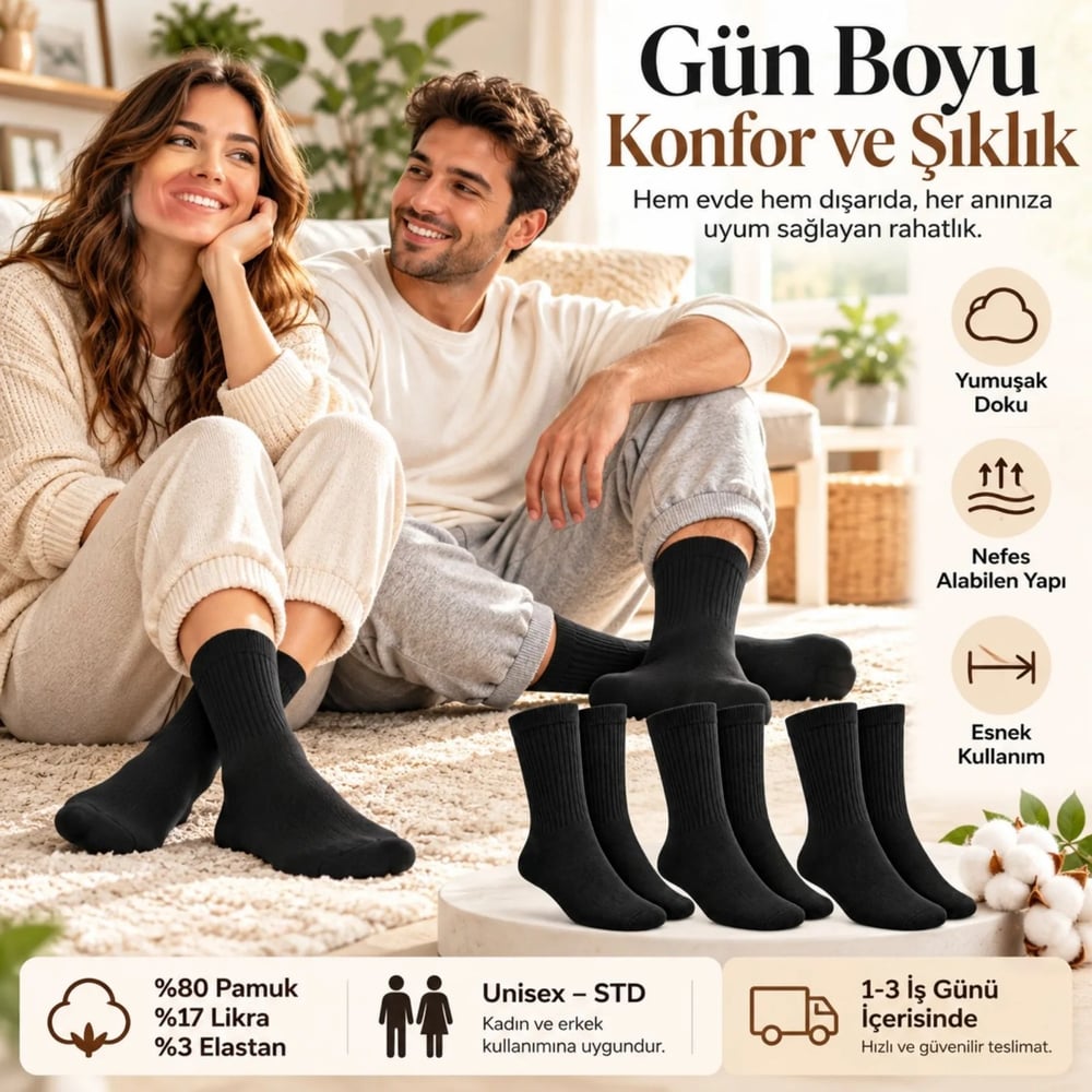Unisex Basic Siyah Beyaz Soket Çorap 6lı Set Kadın Erkek Spor Günlük Uzun Ribanalı Rahat Çorap Set
