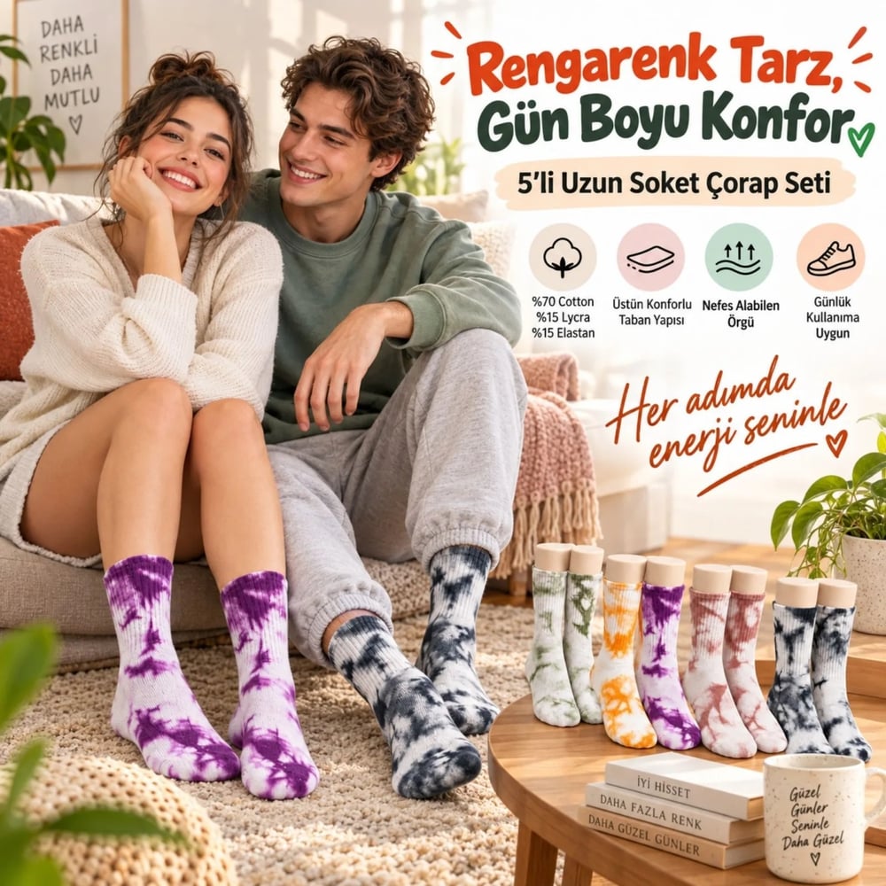 Unisex Batik Desenli Çorap 5li Set Renkli Pamuklu Uzun Soket Dikişsiz Nefes Alan Günlük Spor Çorabı