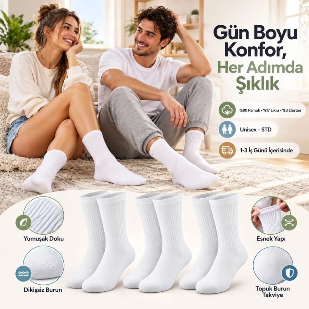 Unisex Beyaz Soket Çorap %80 Pamuk 12li Set Dikişsiz Burun Takviyeli Esnek Günlük Spor Çorabı Rahat