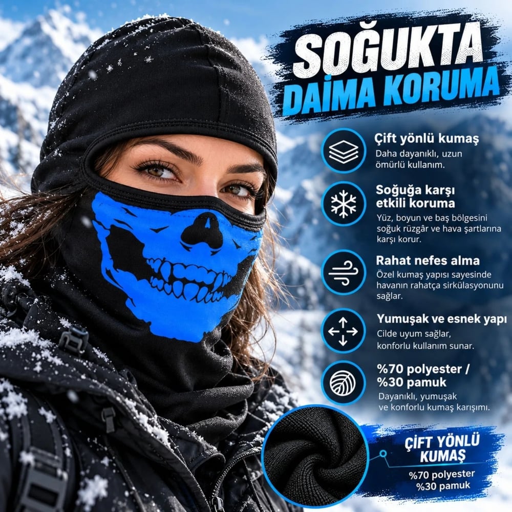 Unisex Mavi Kurukafa Desenli Balaklava Kar Maskesi | Siyah Tam Kafa Motorcu Boyunluk ve Yüz Maskesi!