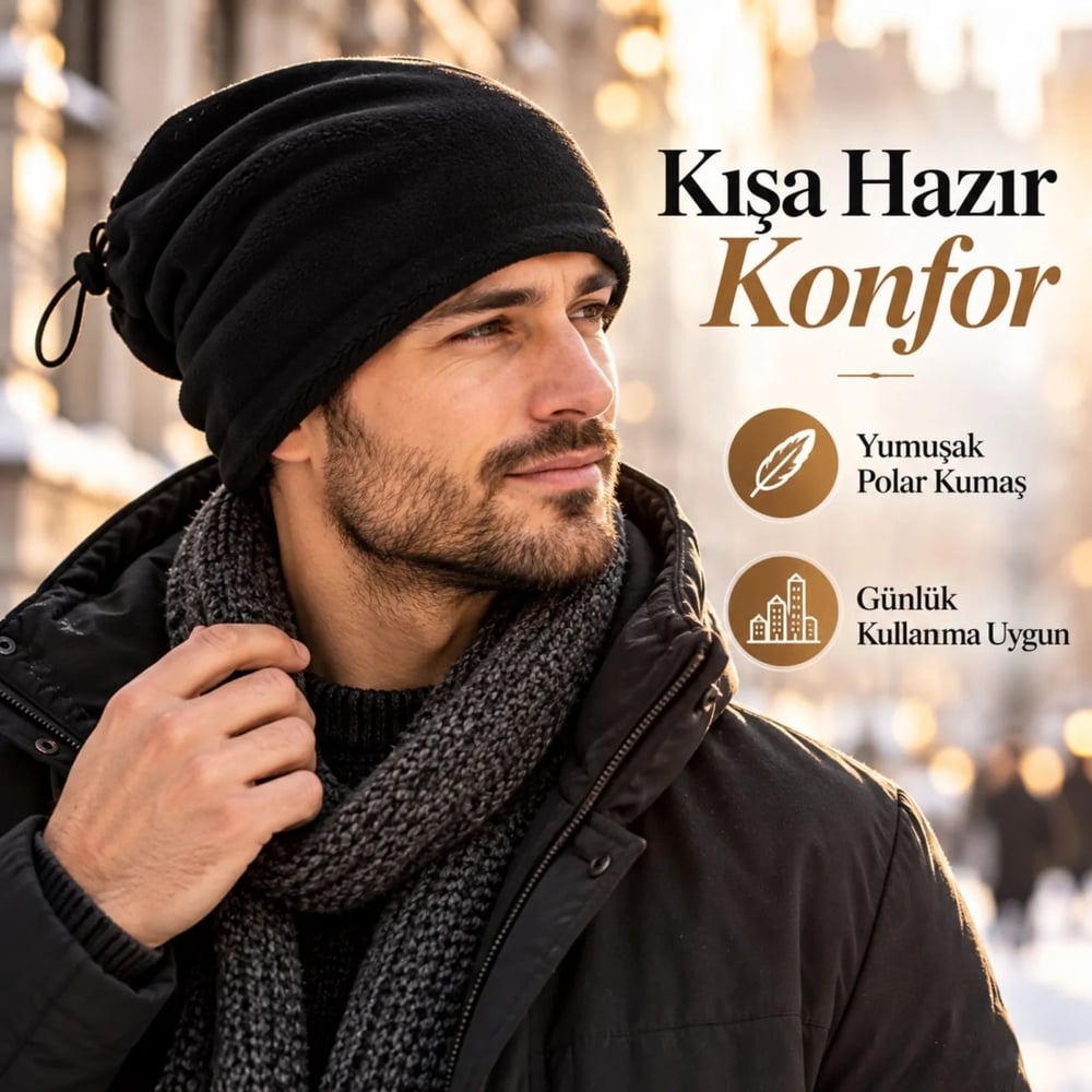 Unisex Polar Bere Boyunluk 2 Adet Seti 2si 1 Arada Büzgülü Sıcak Tutan Kışlık Siyah Günlük Konforlu