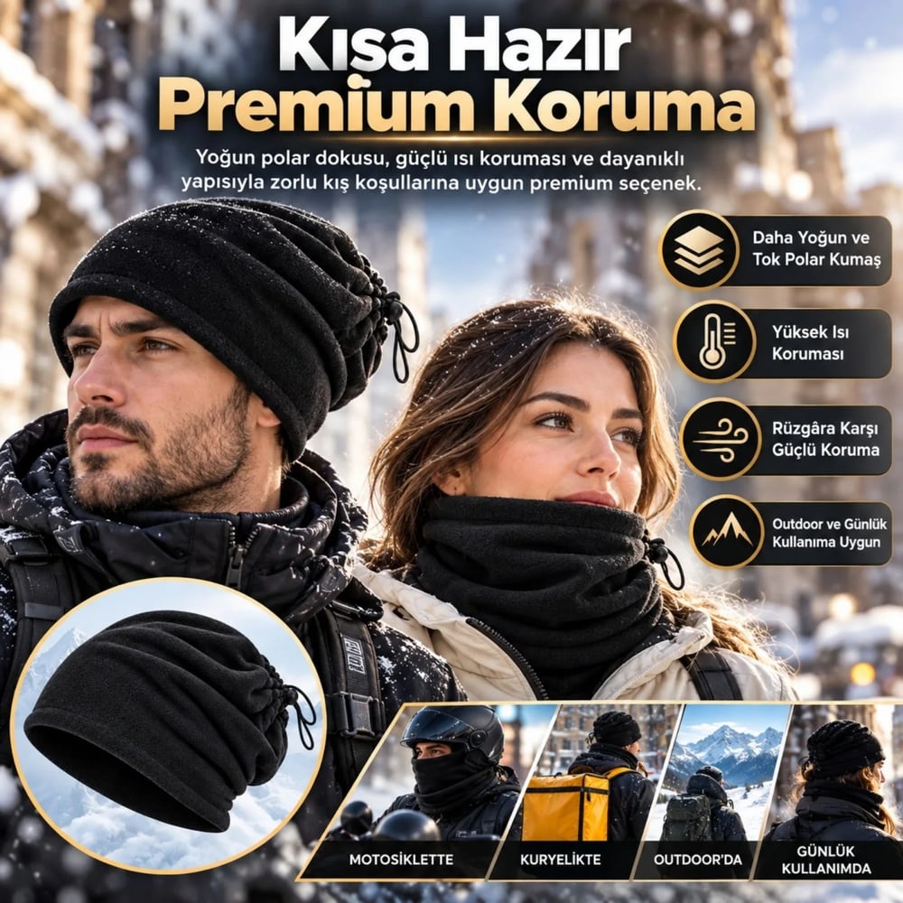 Unisex Premium Polar Bere Boyunluk 2si 1 Arada Sıcak Tutan Rüzgar Korumalı Outdoor Kışlık Siyah Şık
