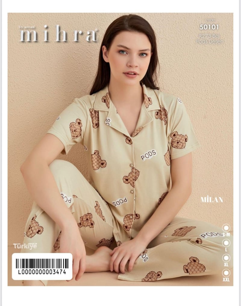 Mihra 50101-R273 Kadın Bambu Milan Kısa Kol Önden Düğmeli Pijama Takımı