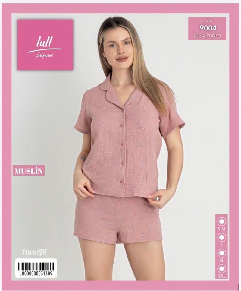 Mihra-Lull 9004-R134 Kadın Bambu Müslin Düğmeli Kısa Kol Şortlu Pj.Tkm