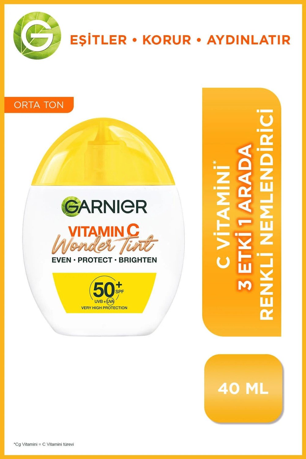 Garnier C Vitamini Wonder Tint 3 Etki 1 Arada Renkli Nemlendirici Orta Ton, SPF50, Vegan