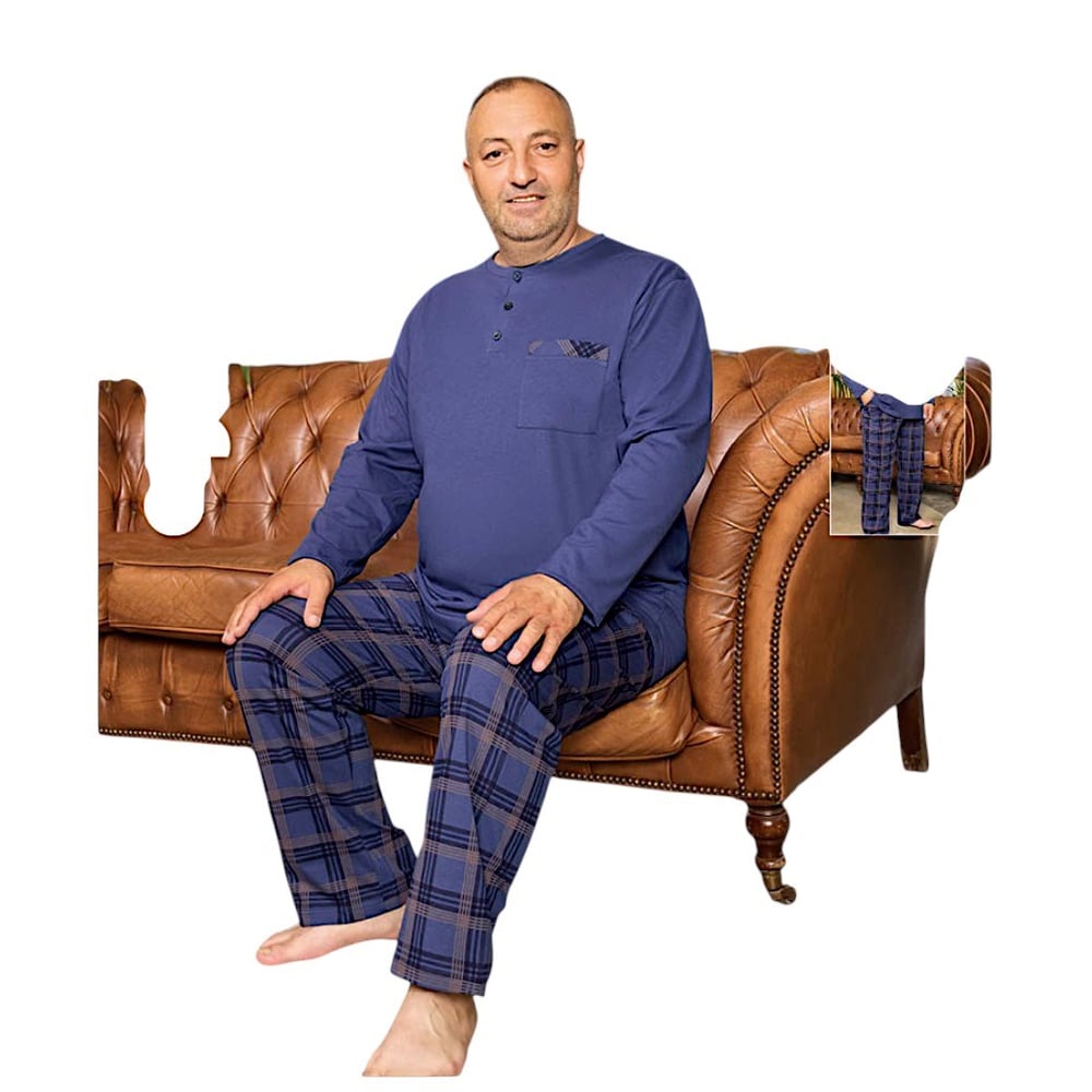 Aydoğan Erkek  Ekose Kareli Büyük Beden Lacivert Mavi Uzun Kollu Düz Paça  Pijama Takımı 