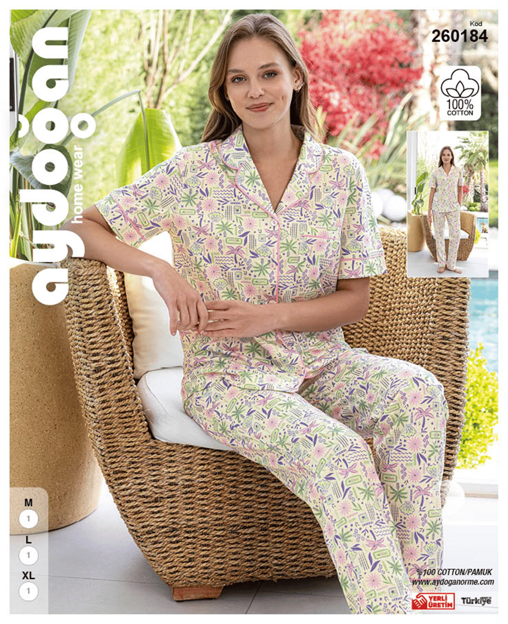 Aydoğan Kadın  %100 Pamuk Önden Düğmeli  Krem Çiçek Desenli  Kısa Kollu Düz Paça  Pijama Takımı 