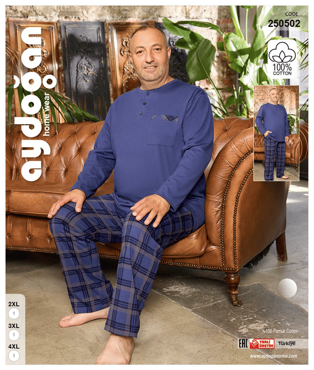 Aydoğan Erkek  Ekose Kareli Büyük Beden Lacivert Mavi Uzun Kollu Düz Paça  Pijama Takımı 