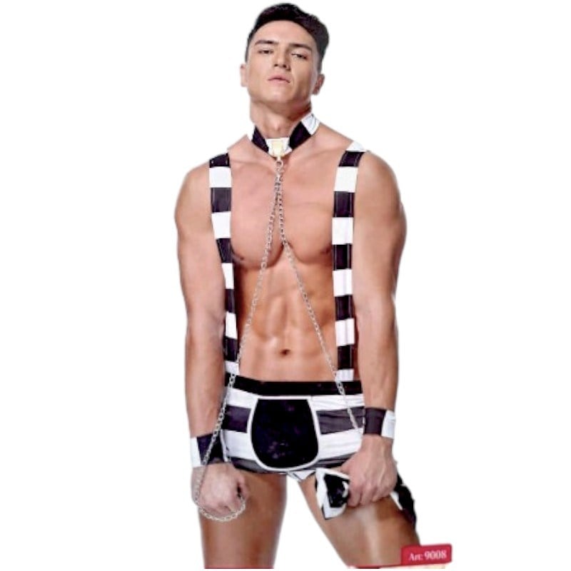 Fantezi Erkek Kostüm Zebra Kelepçe-Tasma-Zincir 3lü Set