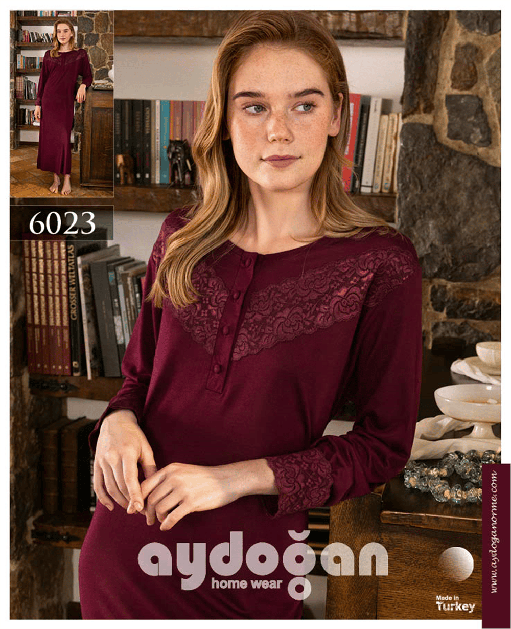 Aydoğan Kadın Dantelli Bordo Gecelik Uzun Kollu - 6023