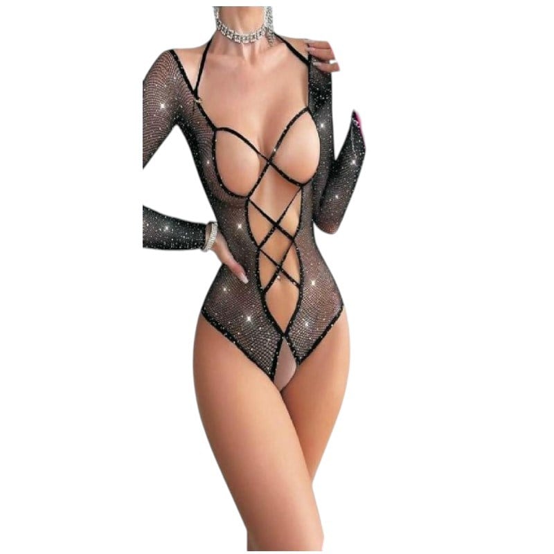 Fantezi  Ağı ve Arkası Açık Tül Taşlı Uzun Kollu Siyah Bodysuit