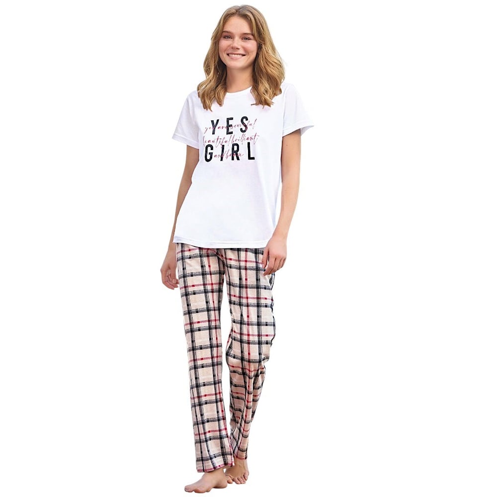 Aydoğan Kadın %100 Pamuk  Kısa Kol Ekose Uzun Bacak Beyaz Pijama Takımı