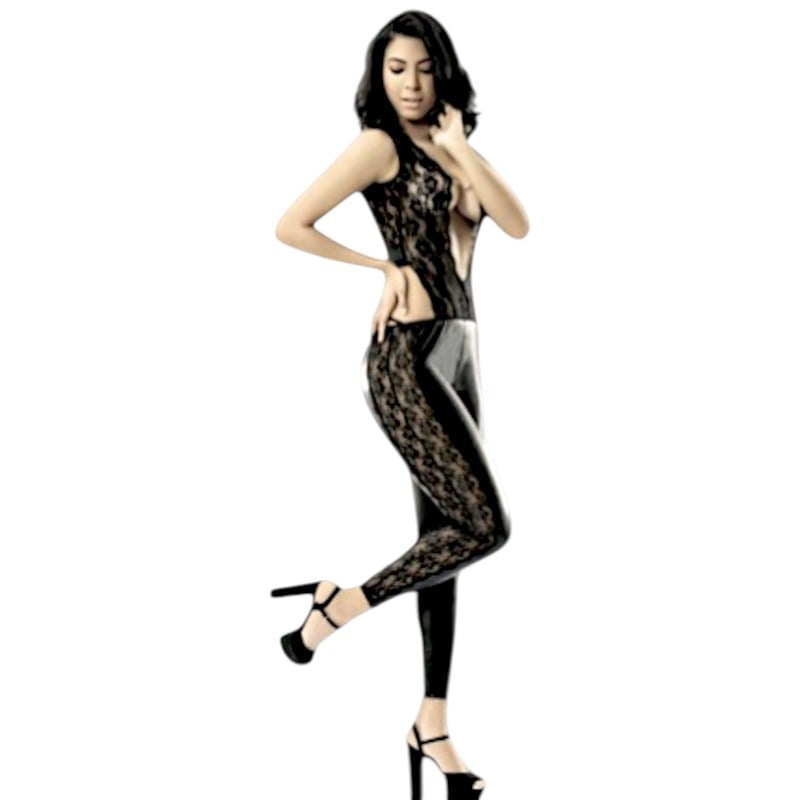 Fantezi Deri Siyah Tayt  Dantelli Uzun Bodysuit