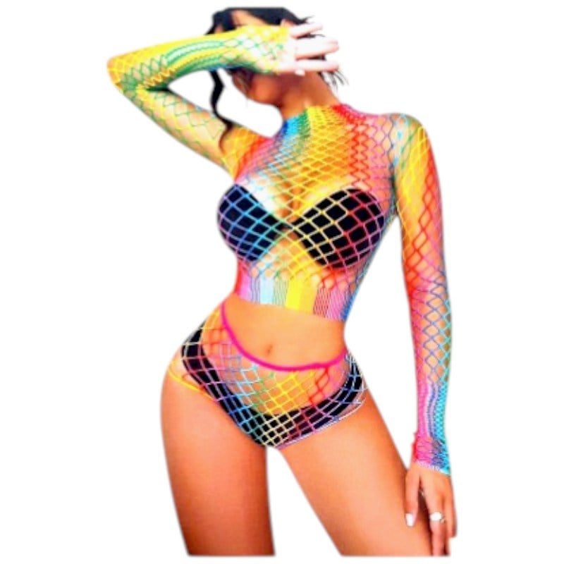 2 Parça uzun Kollu Gökkuşağı Renk Bodysuit Şort Vücut Çorabı
