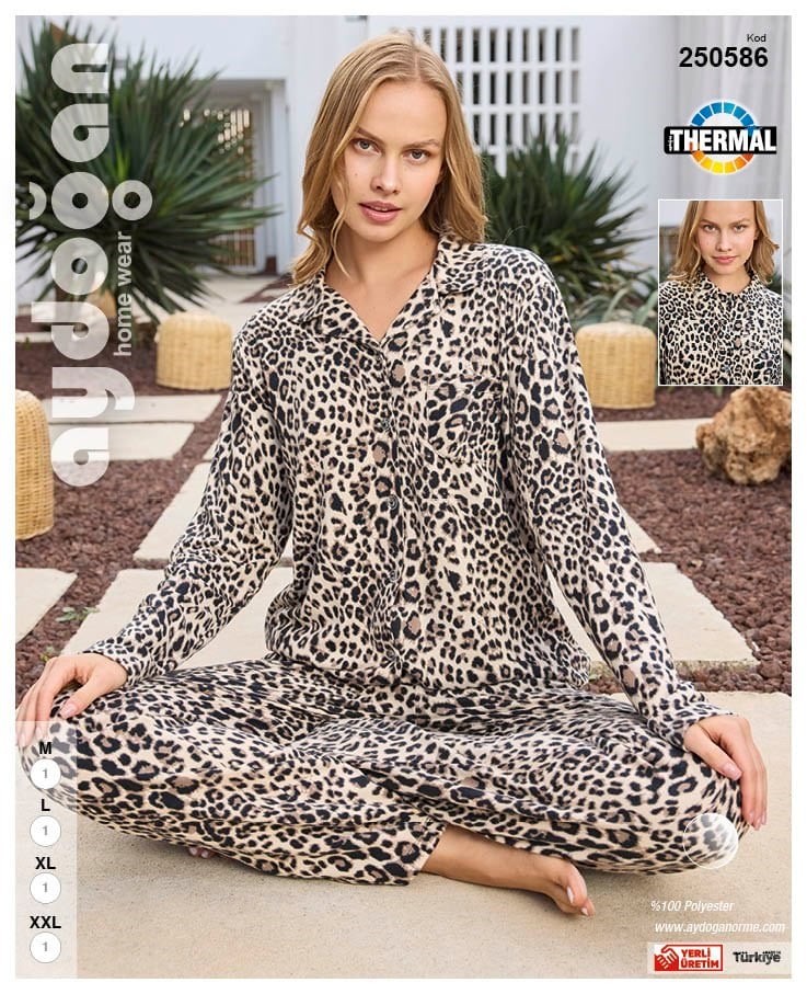 Aydoğan Önden Düğmeli Termal Leopar Kadın Pijama Takımı