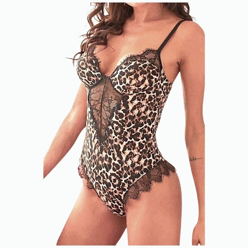 Fantezi Leopar Tül Dantel Tanga Bodysuit
