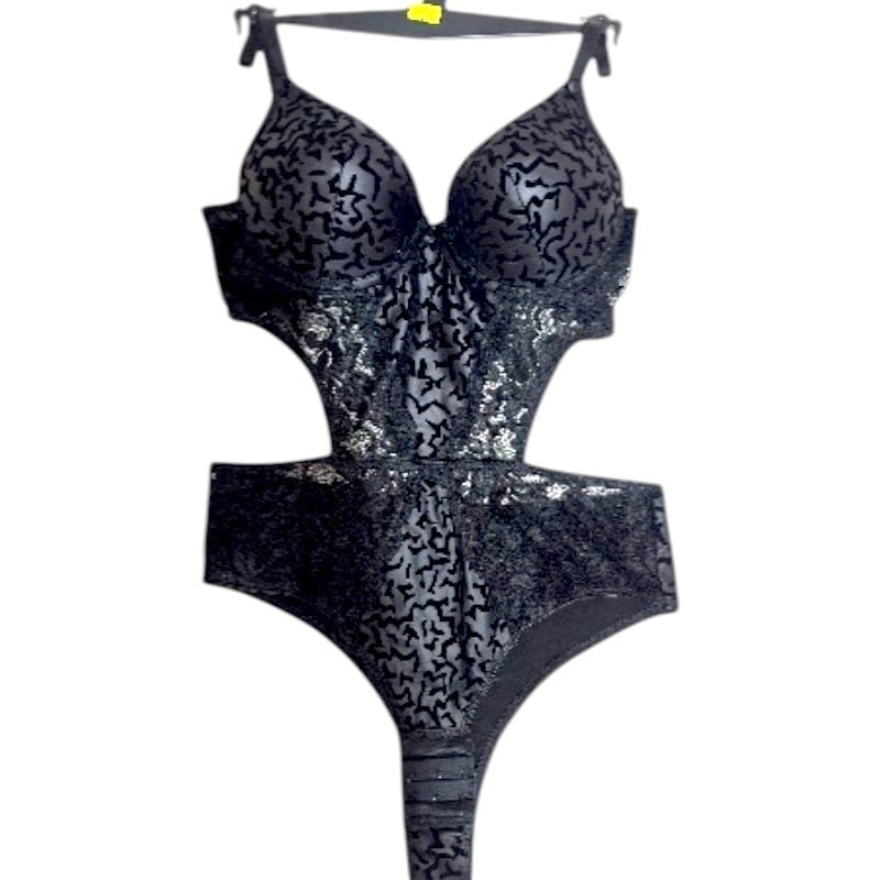 Fantezi Martı Desenli Siyah Destekli Slip Siyah Bodysuit