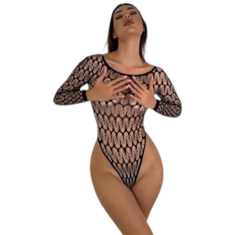 Siyah Uzun Kollu Bodysuit Tanga Vücüt Çorabı