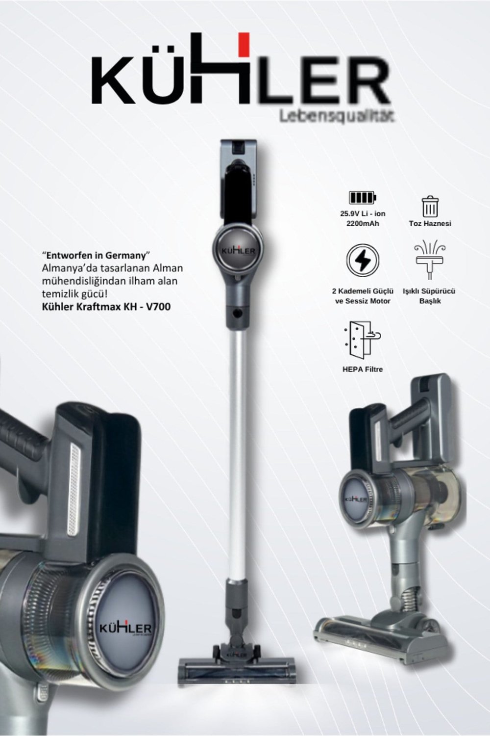 Kraftmax KH-V700 Kablosuz Turbo Fırçalı Dikey Şarjlı Süpürge