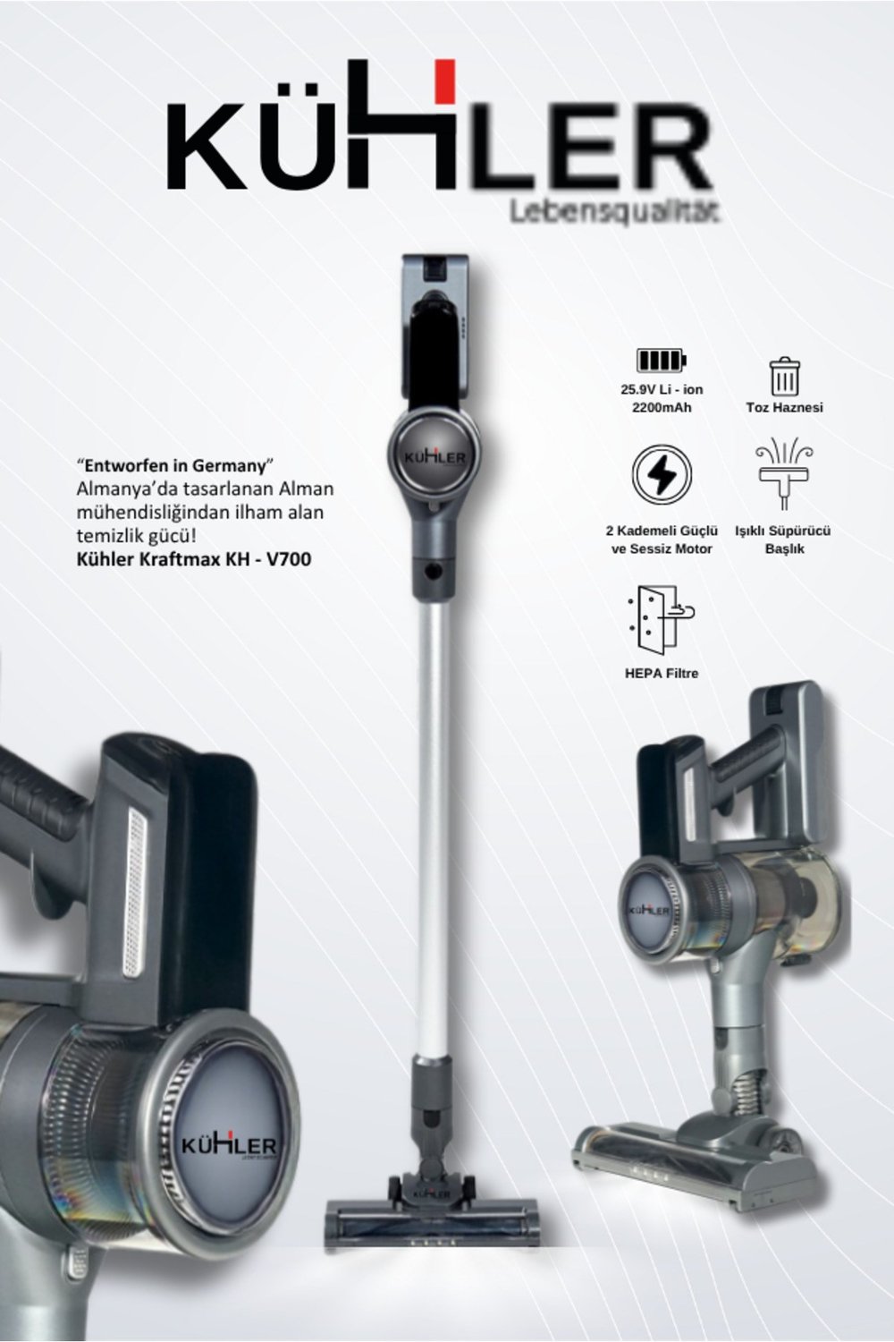 Kraftmax KH-V700 Kablosuz Turbo Fırçalı Dikey Şarjlı Süpürge