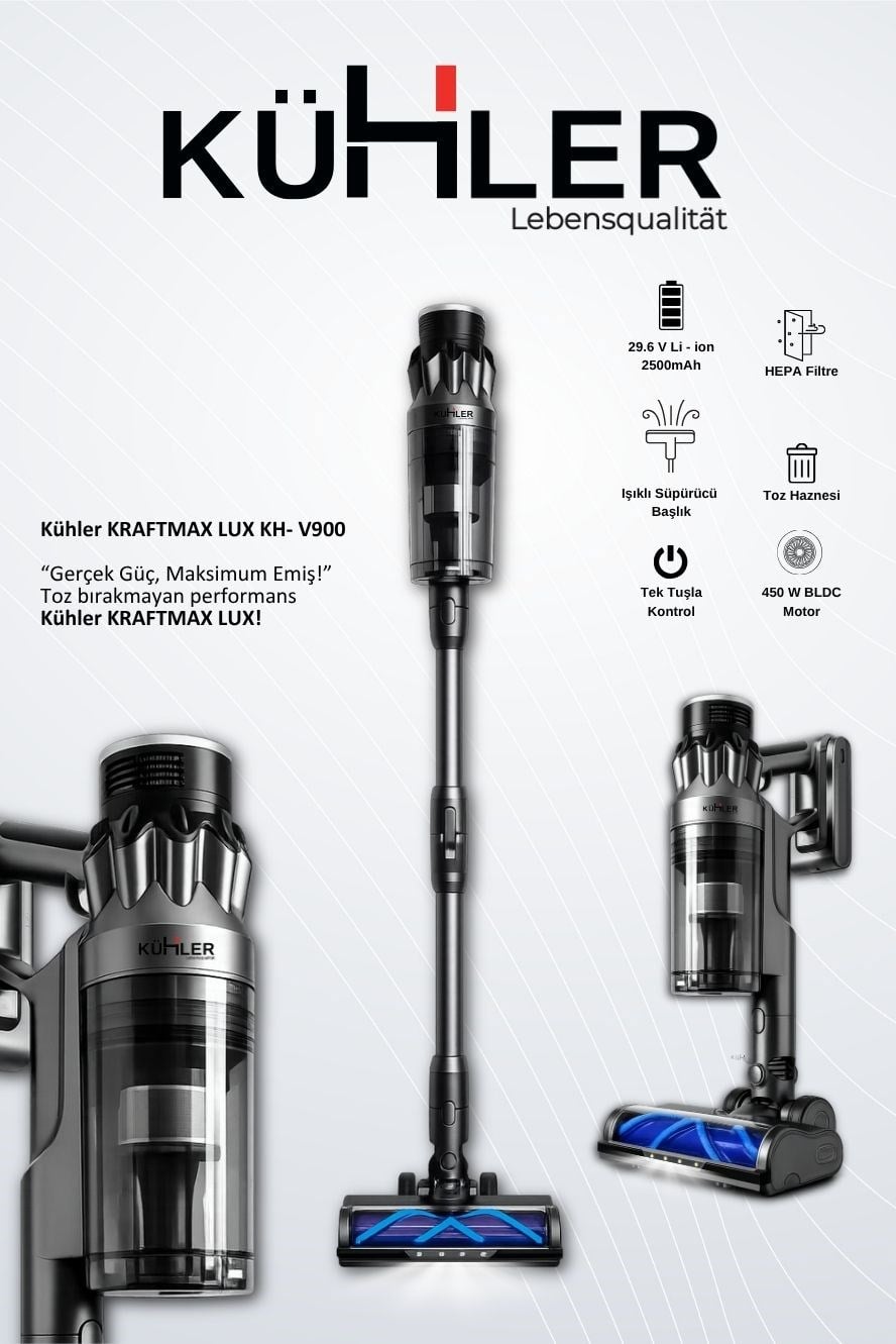 Kühler Kraftmax LUX KH-V900 Akıllı Sensörlü Dikey Şarjlı Süpürge - Kablosuz (Mini Motorlu Antialerjik HEPA Filtreli Fırça Dahil)