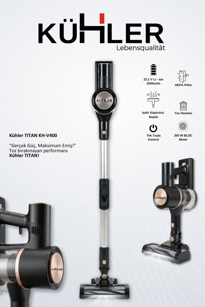 KÜHLER Titan KH-V400 Dikey Şarjlı Süpürge Esnek Borulu Güçlü Emiş Kablosuz