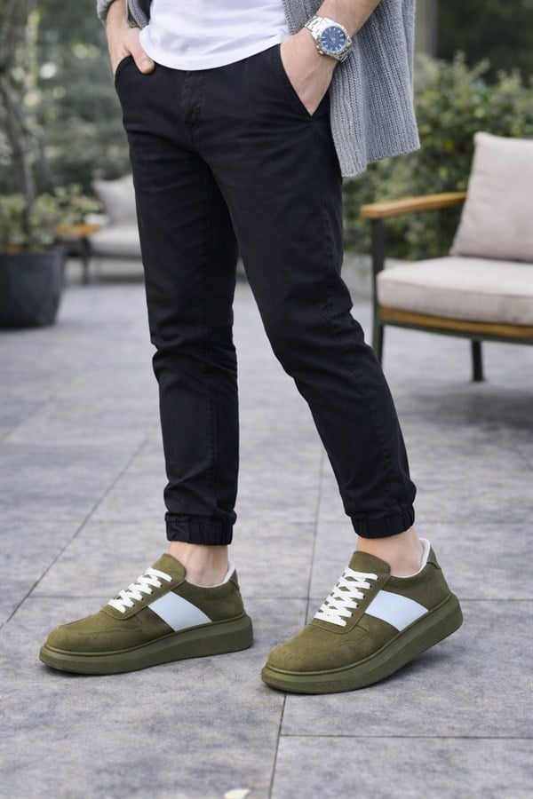 JY011 Line Erkek Günlük Bağcıklı Süet Spor Sneaker Ayakkabı SHT - Haki/Beyaz