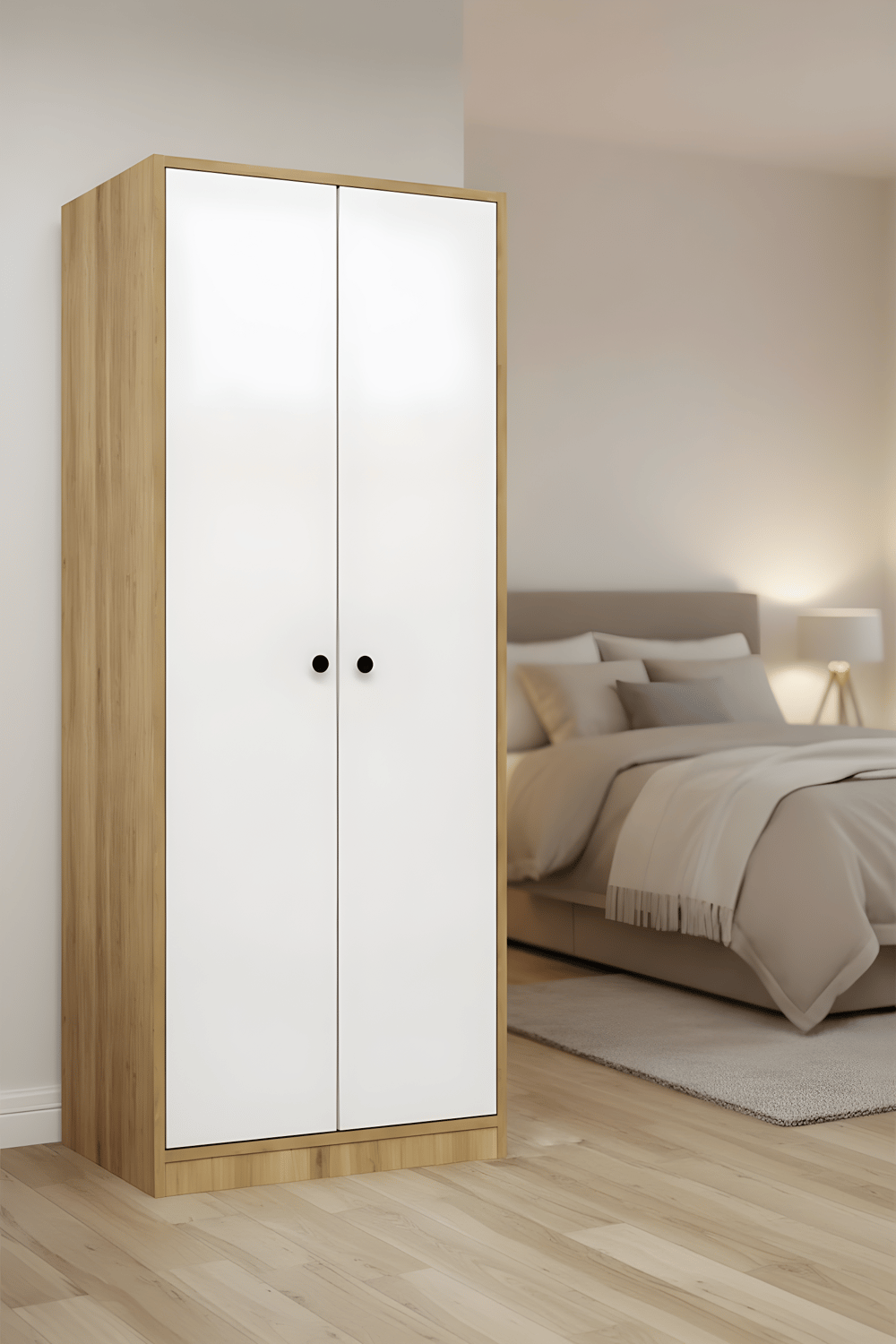 Moderno 2 Kapaklı 5 Raflı Askılıklı Gardırop - Safir Meşe Modüler Elbise Dolabı