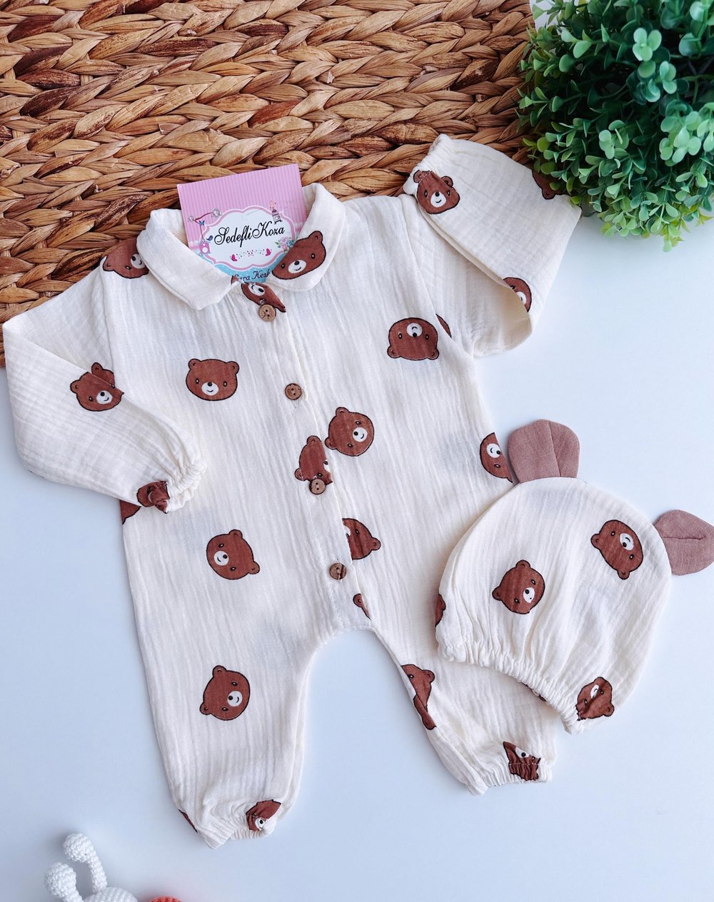Kahve ayıcık müslin tulum set - Bej