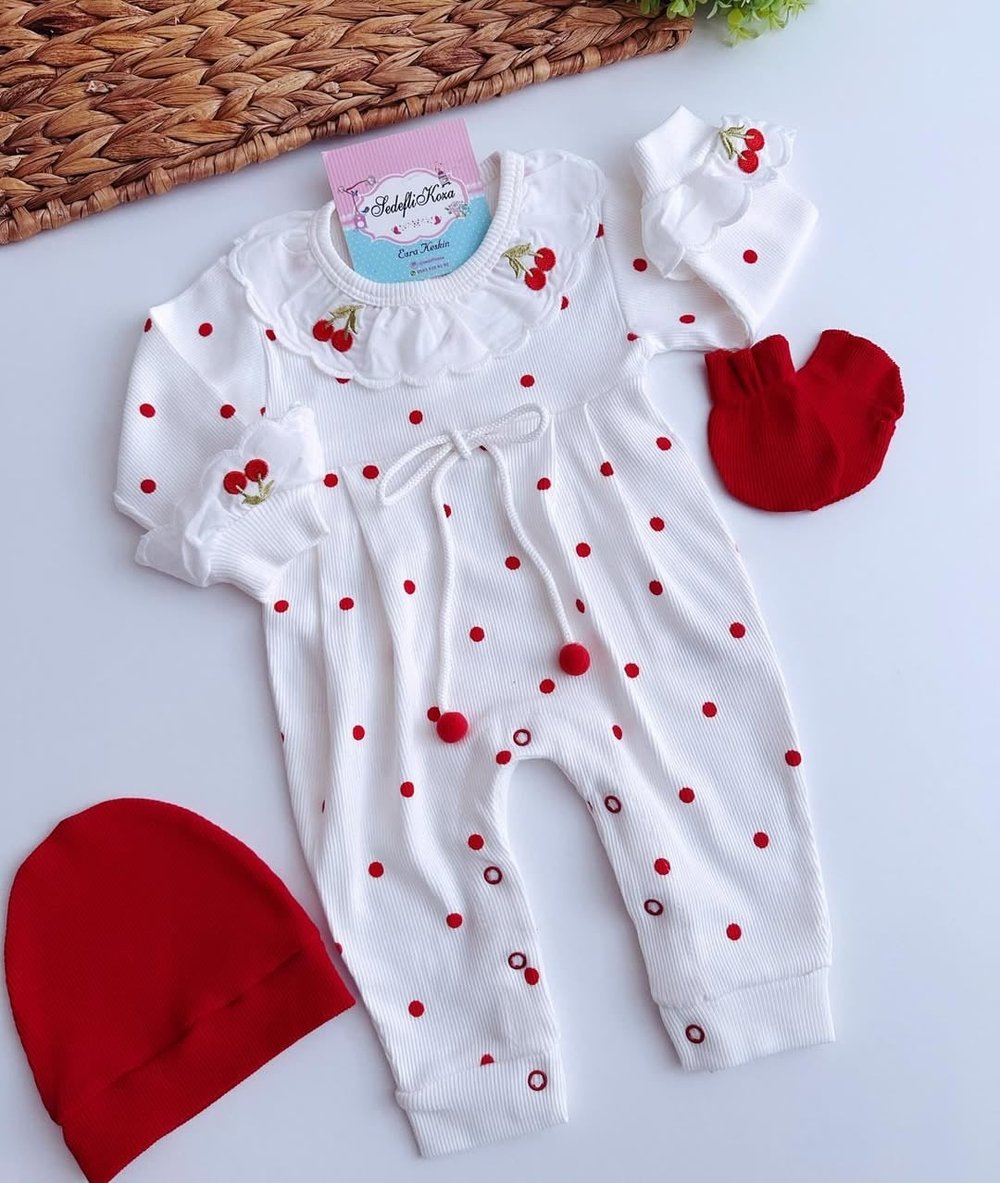 Kiraz Nakışlı 3Parça Tulum Set